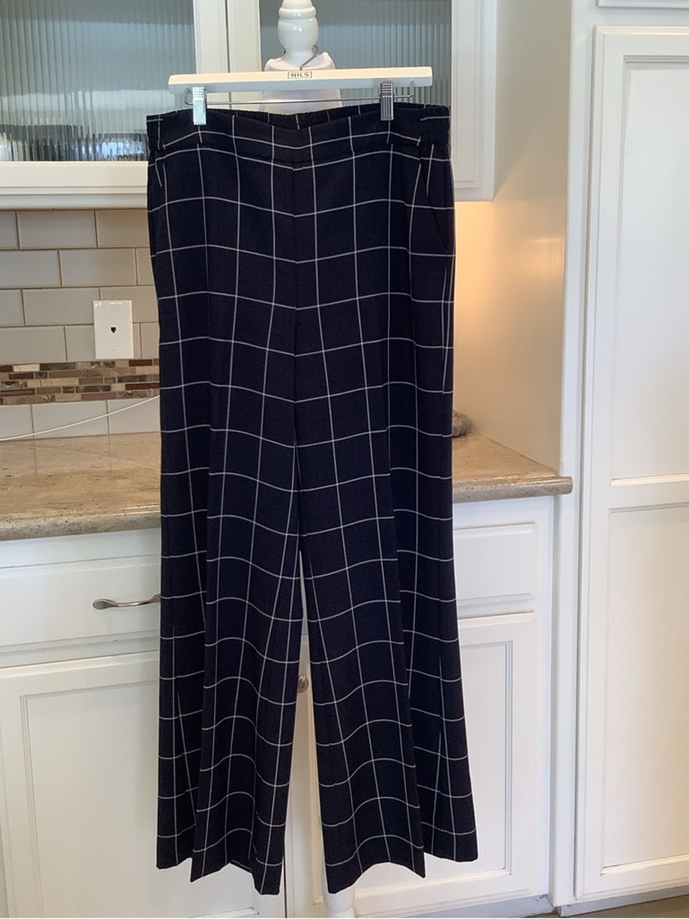 Chico's Navy Pants with White Pinstripes Wide Leg Pull On Size 10 (1.5)
